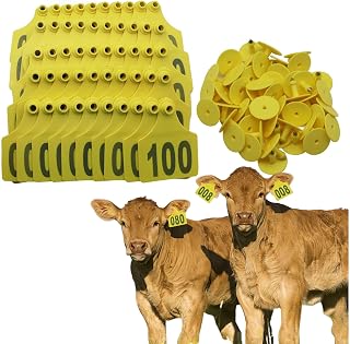 Cattle Ear Tags with Numbered 001-1000, Plastic Livestock Animal Ear Tag for Cows Goats Sheep Pigs Animal Identification Earring Tagger Yellow 001-100