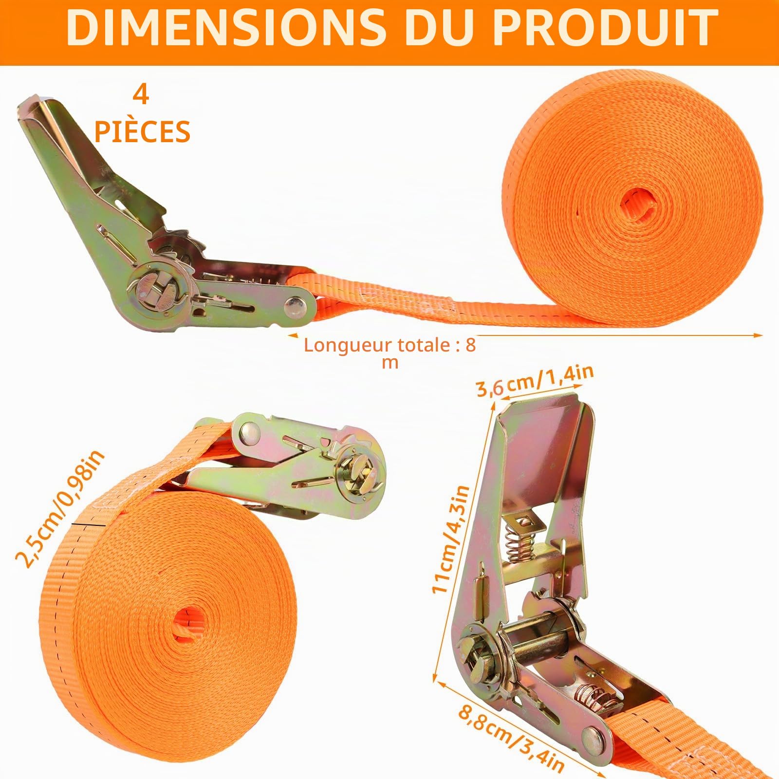 WOPPLXY Lot de 4 Sangle a Cliquet de 800kg, Sangles d'Arrimage 8 m Long 25 mm de Large, Sangle Moto pour Déménagement, Camping, Moto, Vélo
