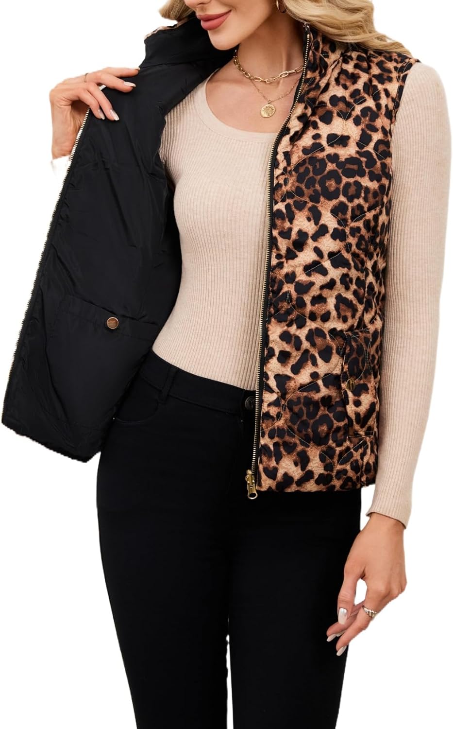 LifeShe Women Leopard Quilted Vest Stand Collar Zip Up Reversible Puffer Vests Sleeveless Padded Gilet Coat with Pockets - Image 3