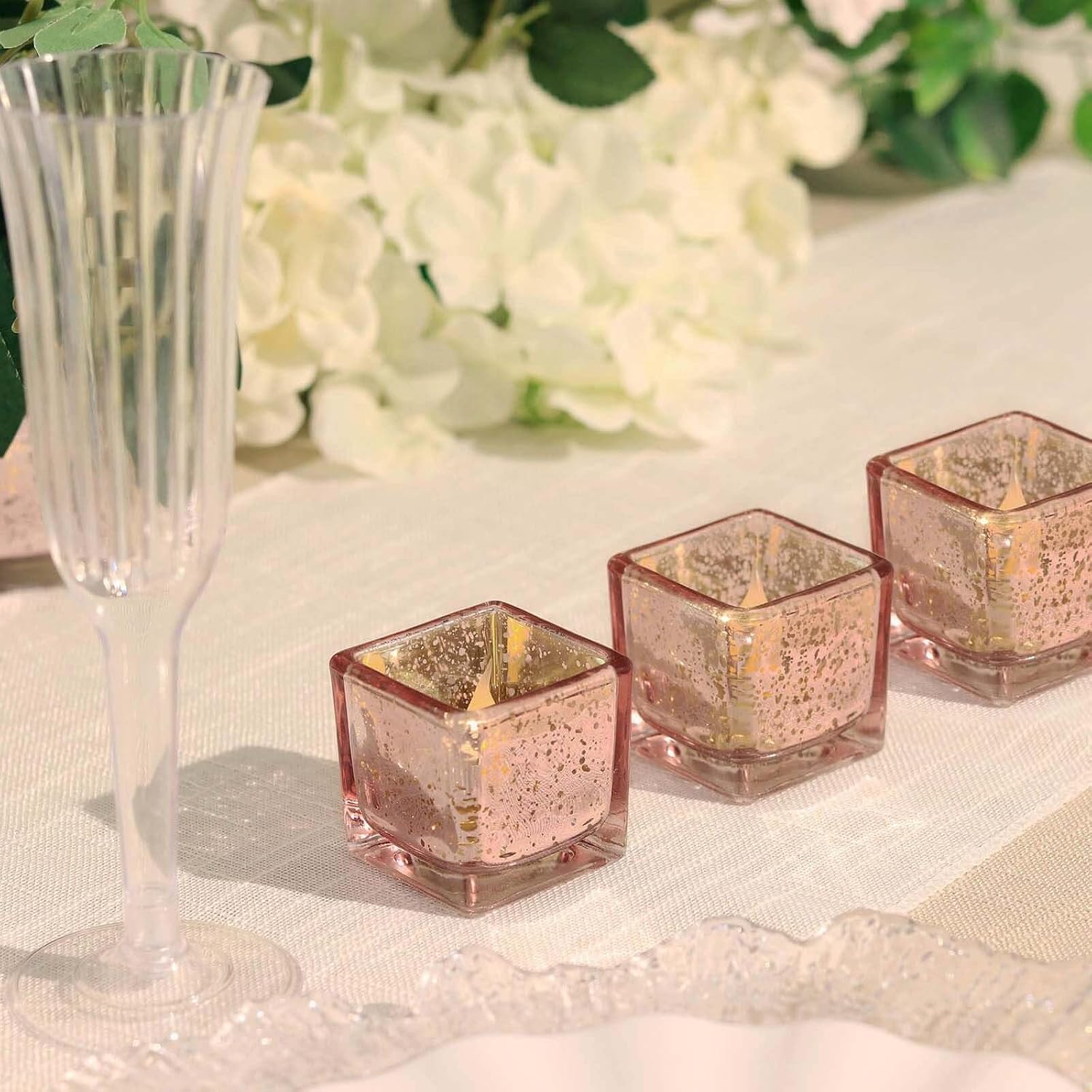 Efavormart 12 Pack | 2" Square Mercury Glass Candle Holders, Votive Tealight Holders Metallic with Speckled Design - Blush | Rose Gold