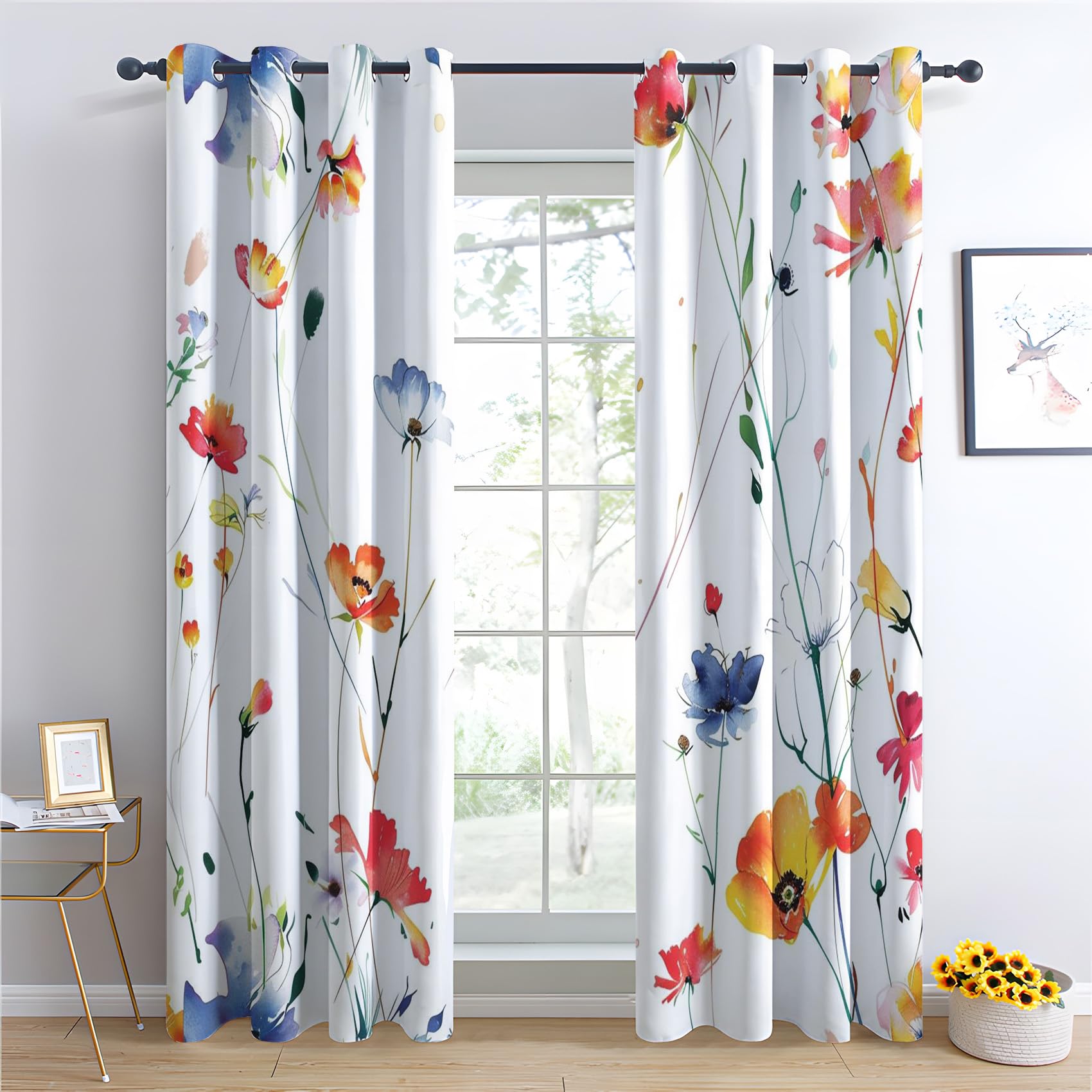 Rideau Occultant Aquarelle Fleur, Rideaux Thermiques à Oeillets pour Chambre, Motif Plante Floral Rideaux Salon, Moderne Lot de 2 Décoration de Fenêtre Rideaux 140x160cm LxH (Wx-&91)