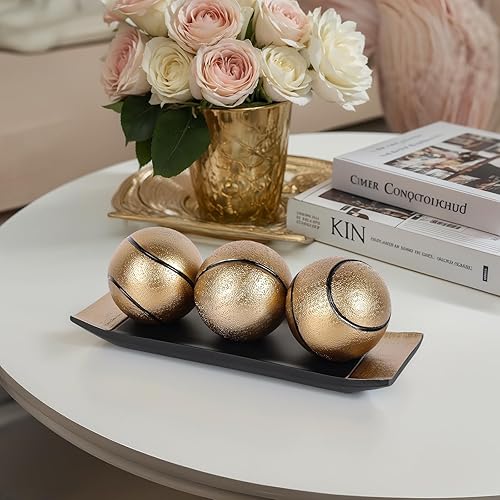 Miniatura 7 de LCCCK Juego de bandeja decorativa con bolas, soporte de TV de orbes decorativos de oro negro, centro de mesa auxiliar, elegantes bolas decorativas