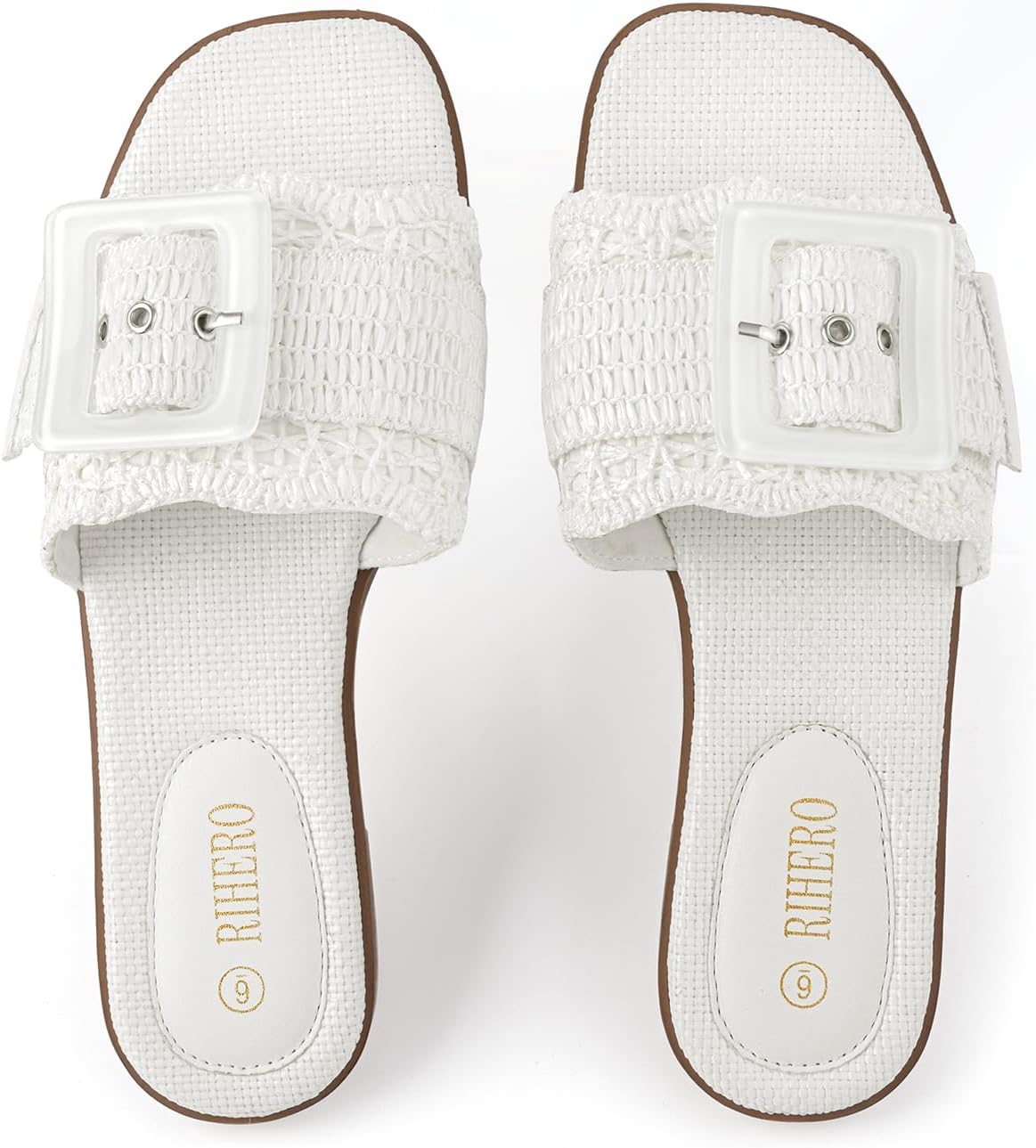 Rihero Women's Raffia Flat Sandals Square Open Toe Summer Beach Slip On Woven Buckle Slide Sandals - Image 6