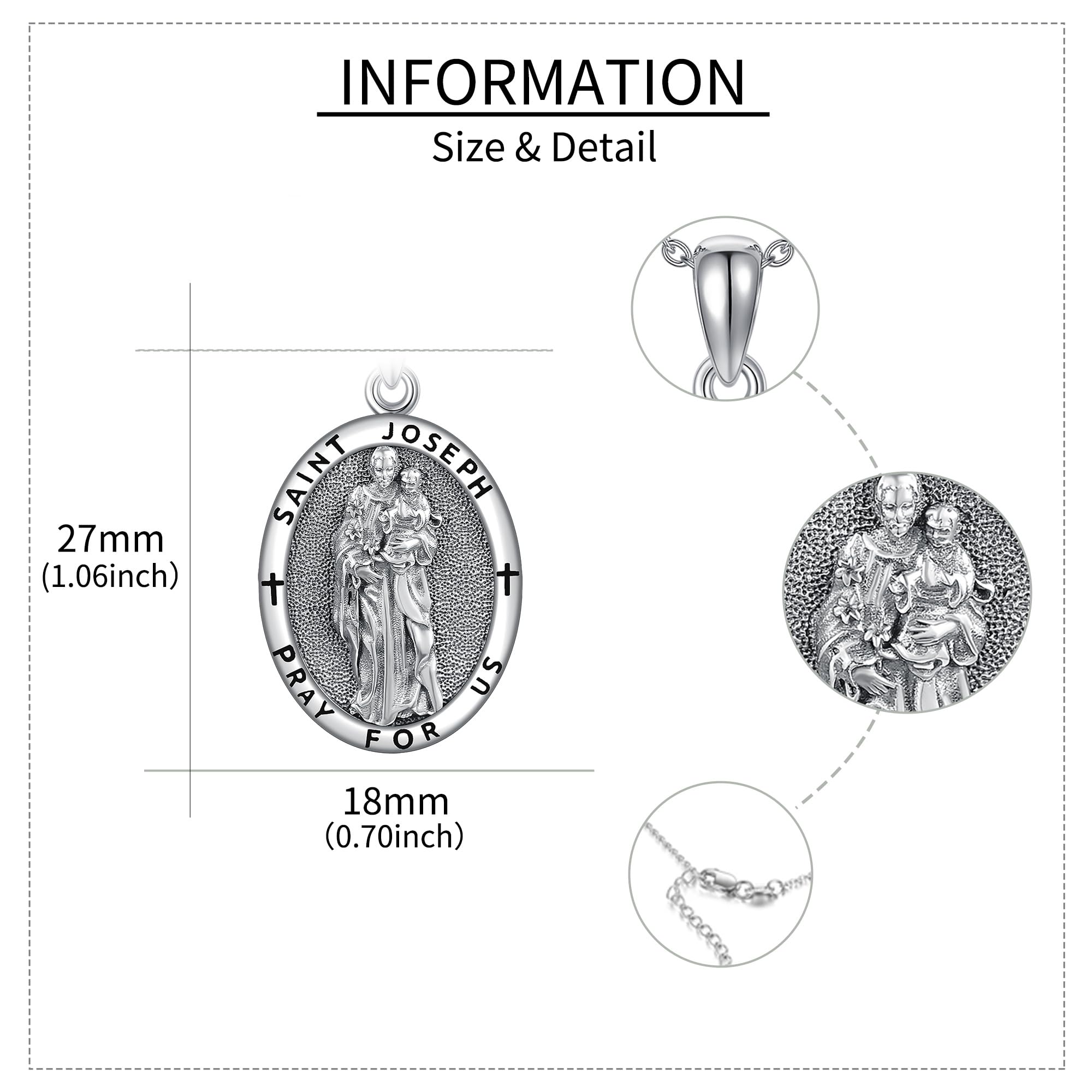 DAYLINLOVE Saint Józef medal łańcuszek srebrny 925 St. Józef wisiorek Święty Naszyjnik Religia Jewelry Biżuteria ochronna dla mężczyzn i kobiet, Srebro szterlingowe, not known