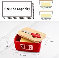 Vista 3 de Hasense Mantequillera de porcelana con tapa de bambú - Mantequillera cubierta con cuchillo de mantequilla para encimera, recipiente hermético