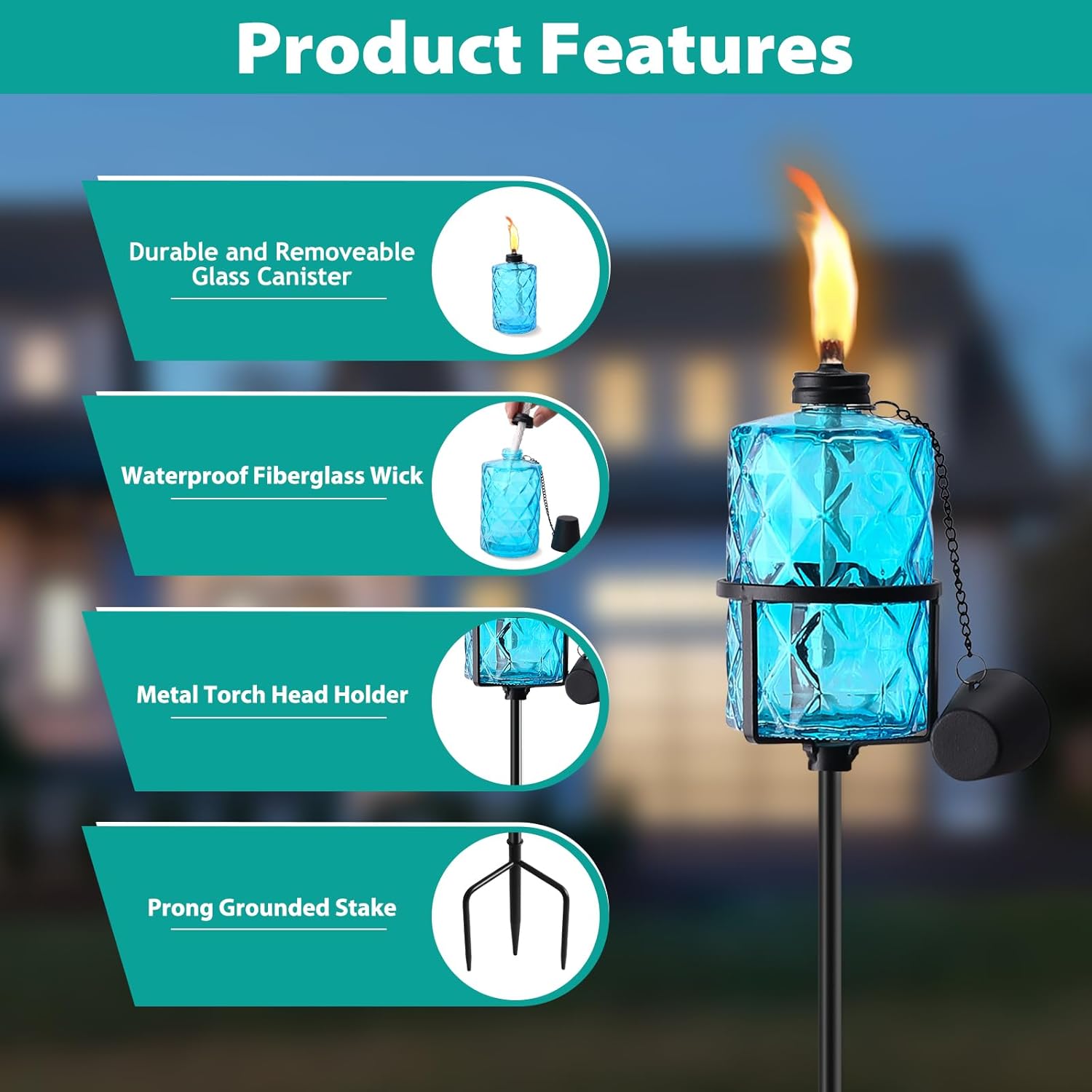 4 Pack Blue Glass Garden Torch,60-Inch Outdoor Torch Garden Décor, Upgraded 12 oz Citronella Torches with 3-Prong Grounded Stake,Metal Light Torches for Party Patio Pathway