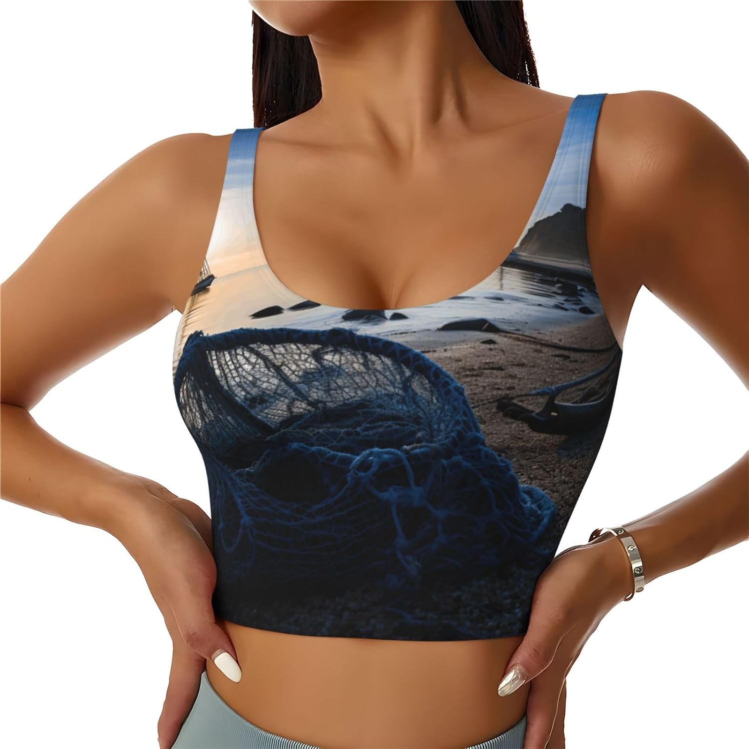 Fishing Nets Print High Impact Sports Bras,Longline Sports Bra,Perfect For Yoga,Running And Gym Workouts