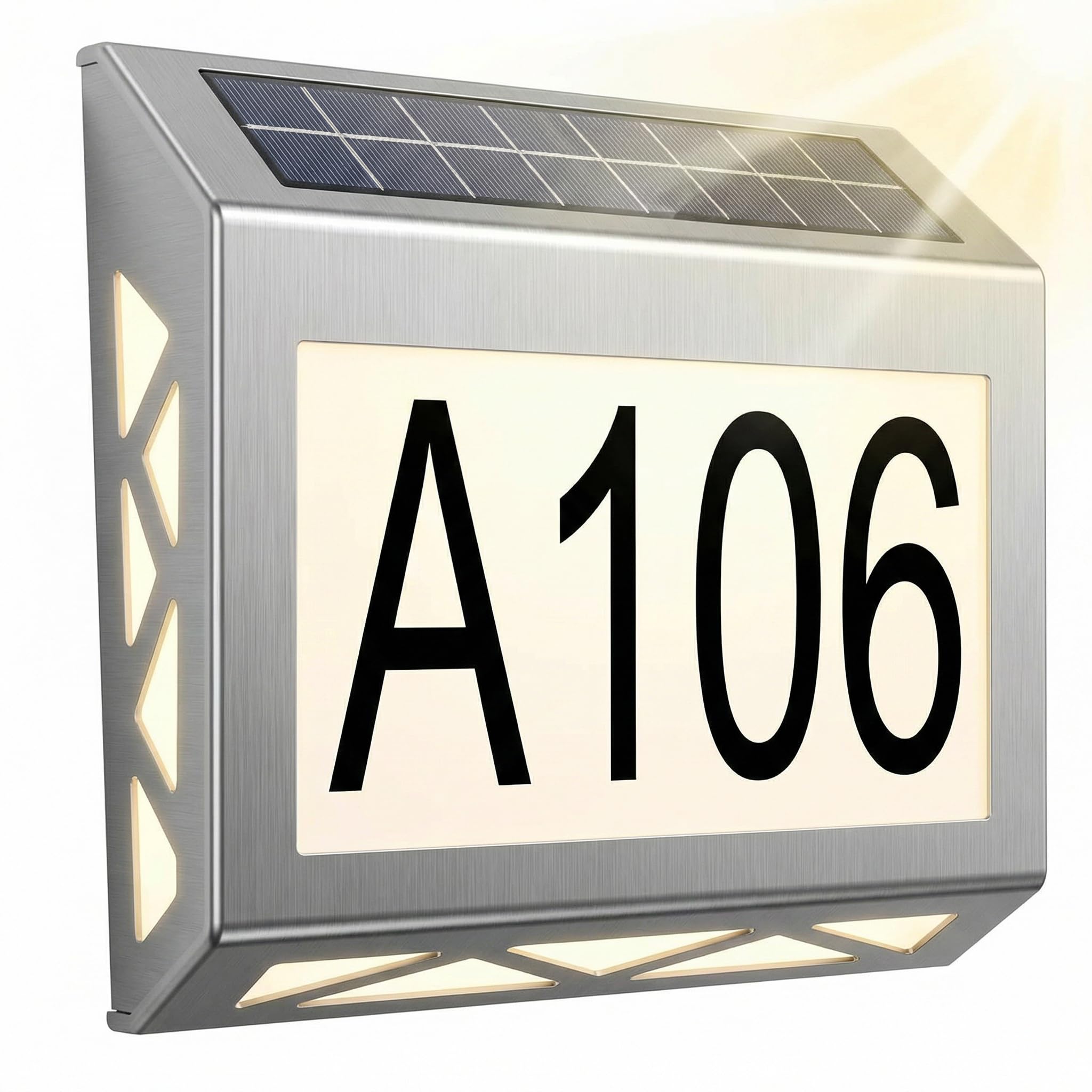 Solar Hausnummernleuchte, Hausnummer Beleuchtet Solar 8 LEDs, Beleuchtete Hausnummer mit LED Beleuchtung aus Edelstahl IPX5, Automatische Tag- und Nachterkennung, 10 Lumen