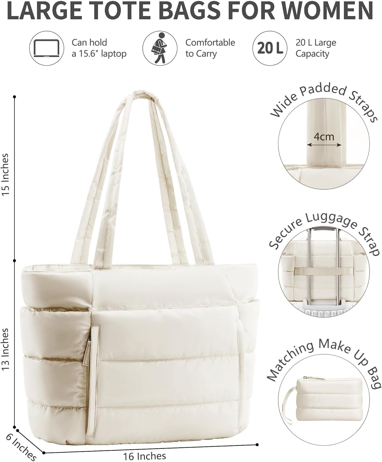 Puffer Tote Bag for Women, Lightweight Puffy Work Handbag Teacher Nurse Quilted Shoulder Bag for School Travel Gym | Cloud Bag w/ Zipper, Daily College Bags, 15.6" Computer Bag, Clinical Nursing Bag, 40 OZ Tumbler Holder, Ideal Gift for Women - Image 3