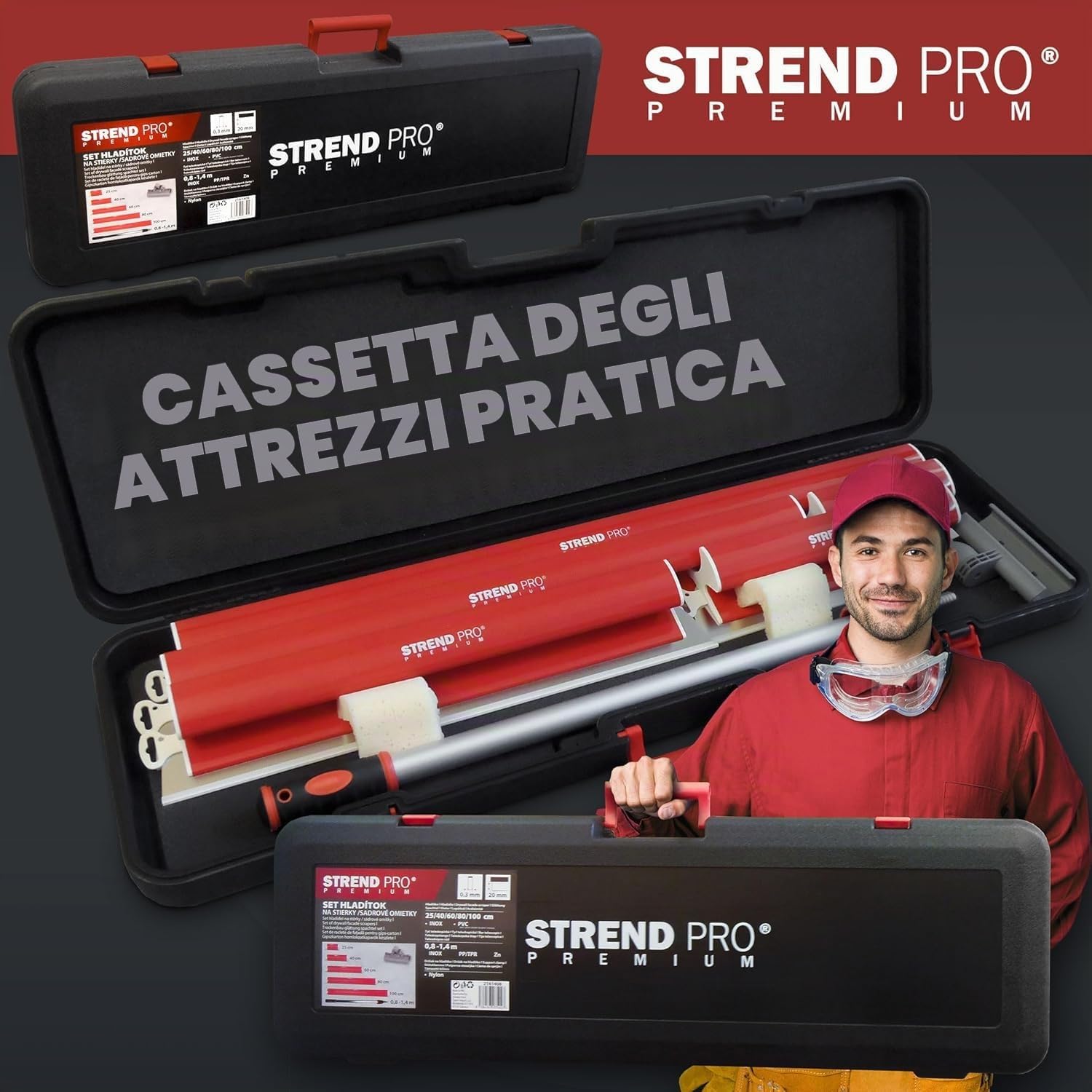 STREND PRO Set di Spatole per Stucco PREMIUM V2 | incl. 1000 mm, 800 mm, 600 mm, 400 mm, 250 mm, Manico Telescopico, Custodia | PROFI Set con Impugnatura a Z per per Muro a Secco e Stucchi
