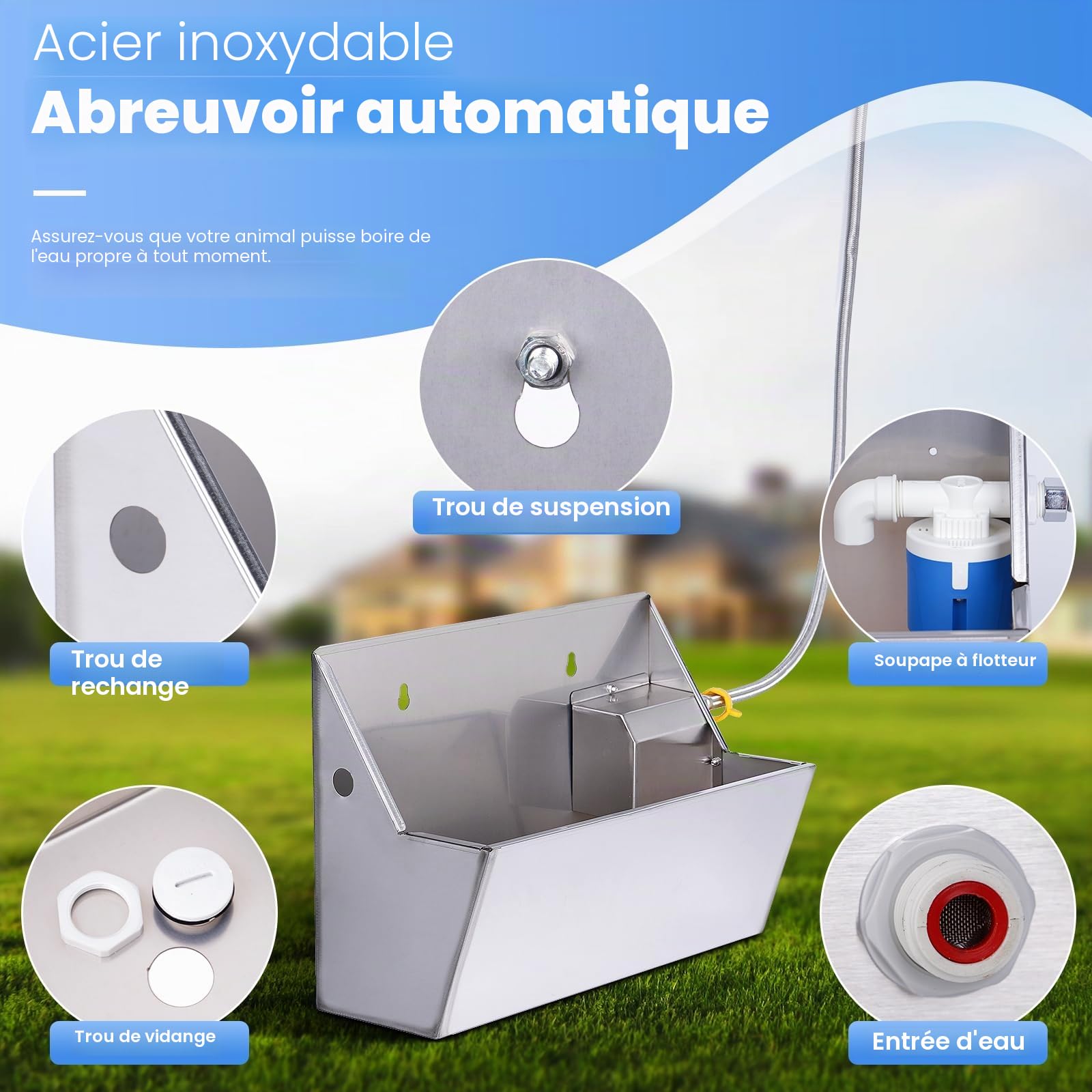 Abreuvoir Automatique pour Chien Abreuvoir en Acier Inoxydable 8L pour Bétail avec Tuyau d’Eau 100cm et 150cm Kit de Soupape à Flotteur de Remplissage Automatique Réservoir d’Abreuvoir