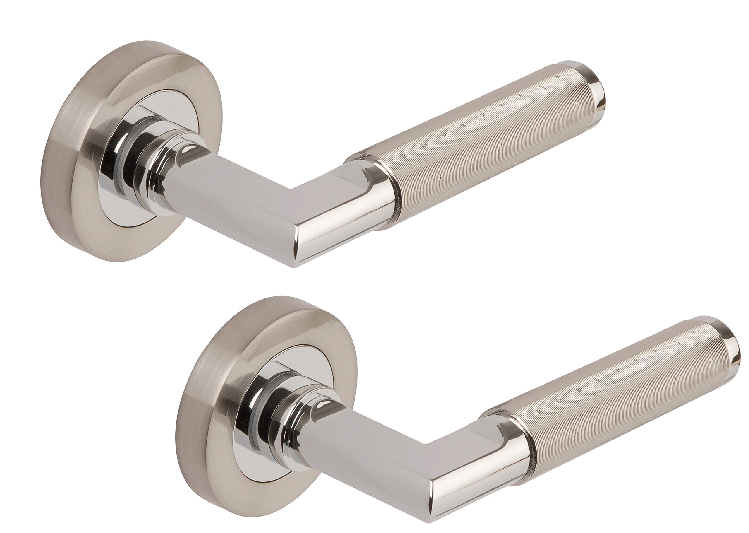 Excel Aura Passage Door Handles on Round Rose, Satin Nickel/Polished Chrome