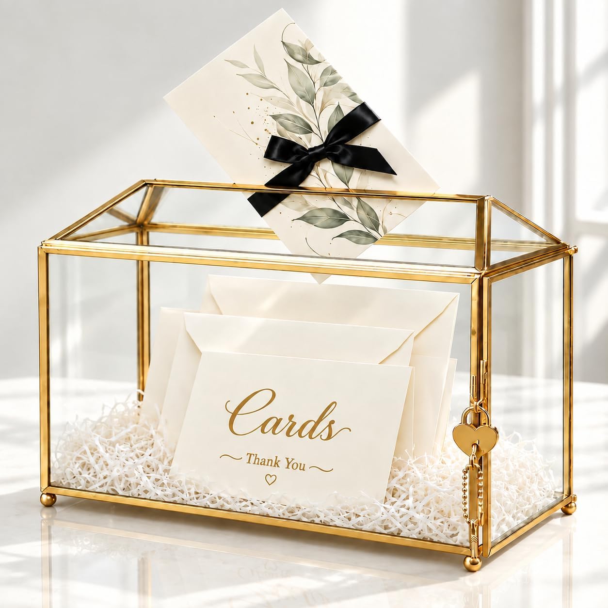 Glass Wedding Card Box with Lock,Gold Card Box for Wedding Reception