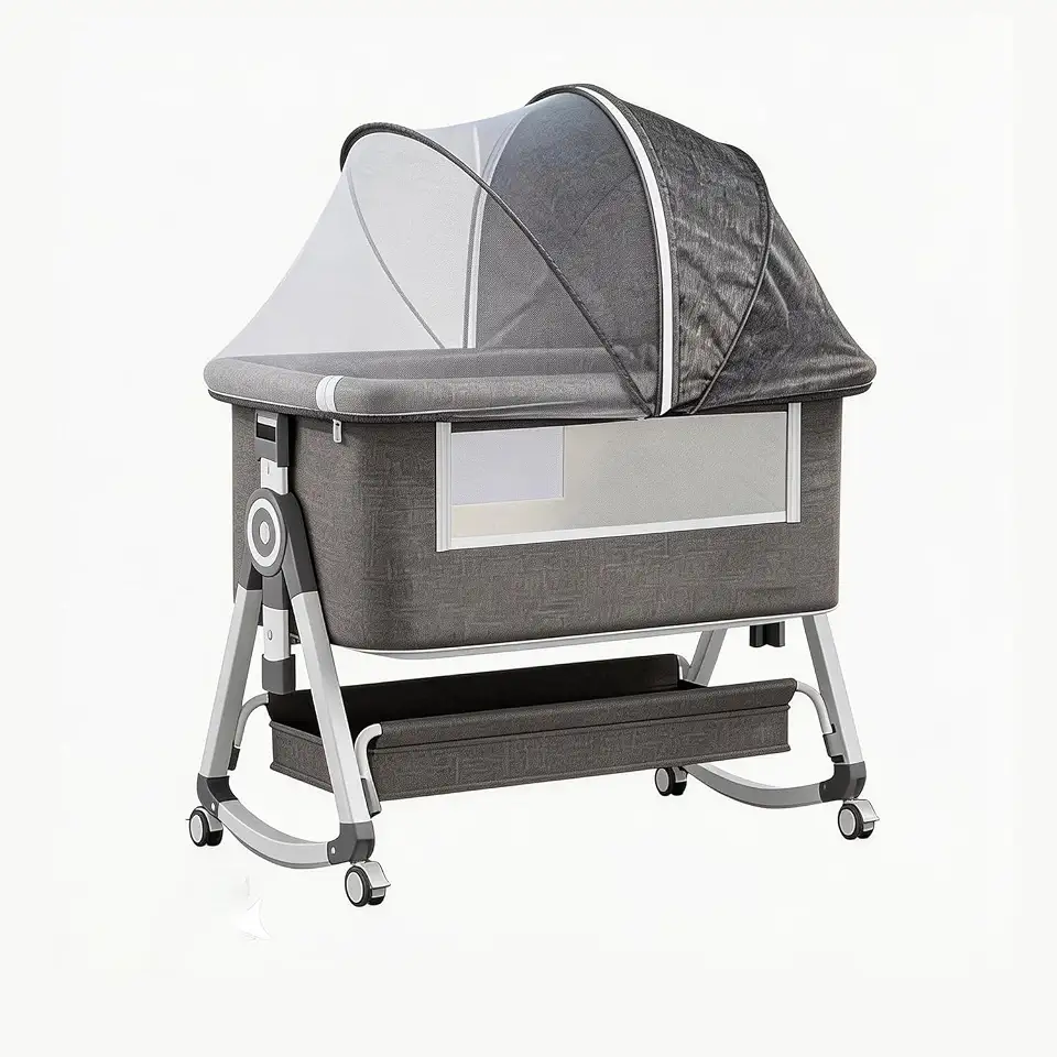 Berço Portátil para Bebê com Roda e Mosquiteiro, Berço Lado Cama Ajustável e Dobrável, Inclui Colchão, Lençol Térmico e Travesseiro, Estrutura em Aço Carbono e Linho, Ideal para Recém-Nascidos (Cinza)