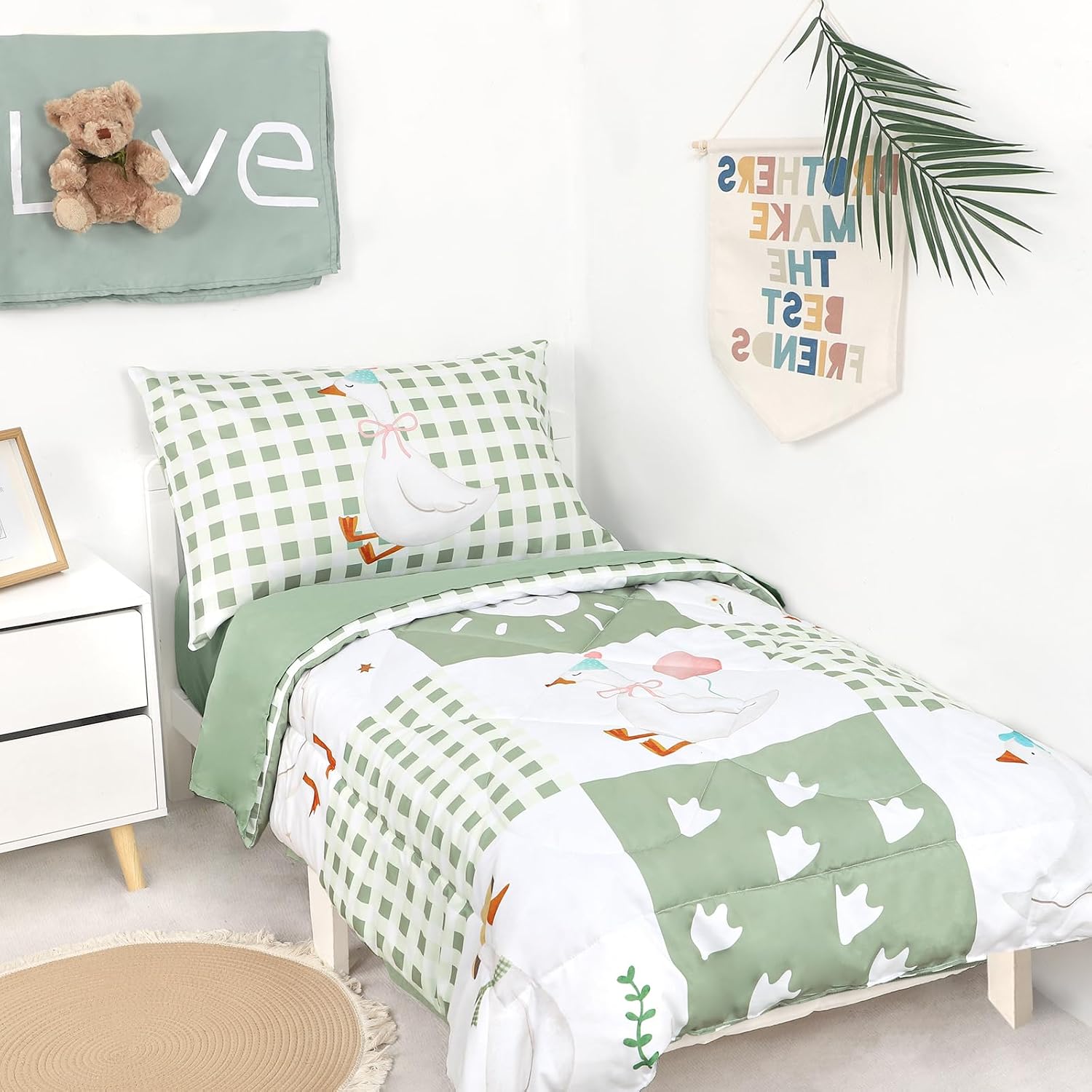 Toddler Bedding Set for Boys Girls 4 Pieces Green Goose, Soft Breathable Toddler Comforter Set, Checkerboard Print, Includes Reversible Comforter, Fitted Sheet and Flat Sheet, Pillowcase