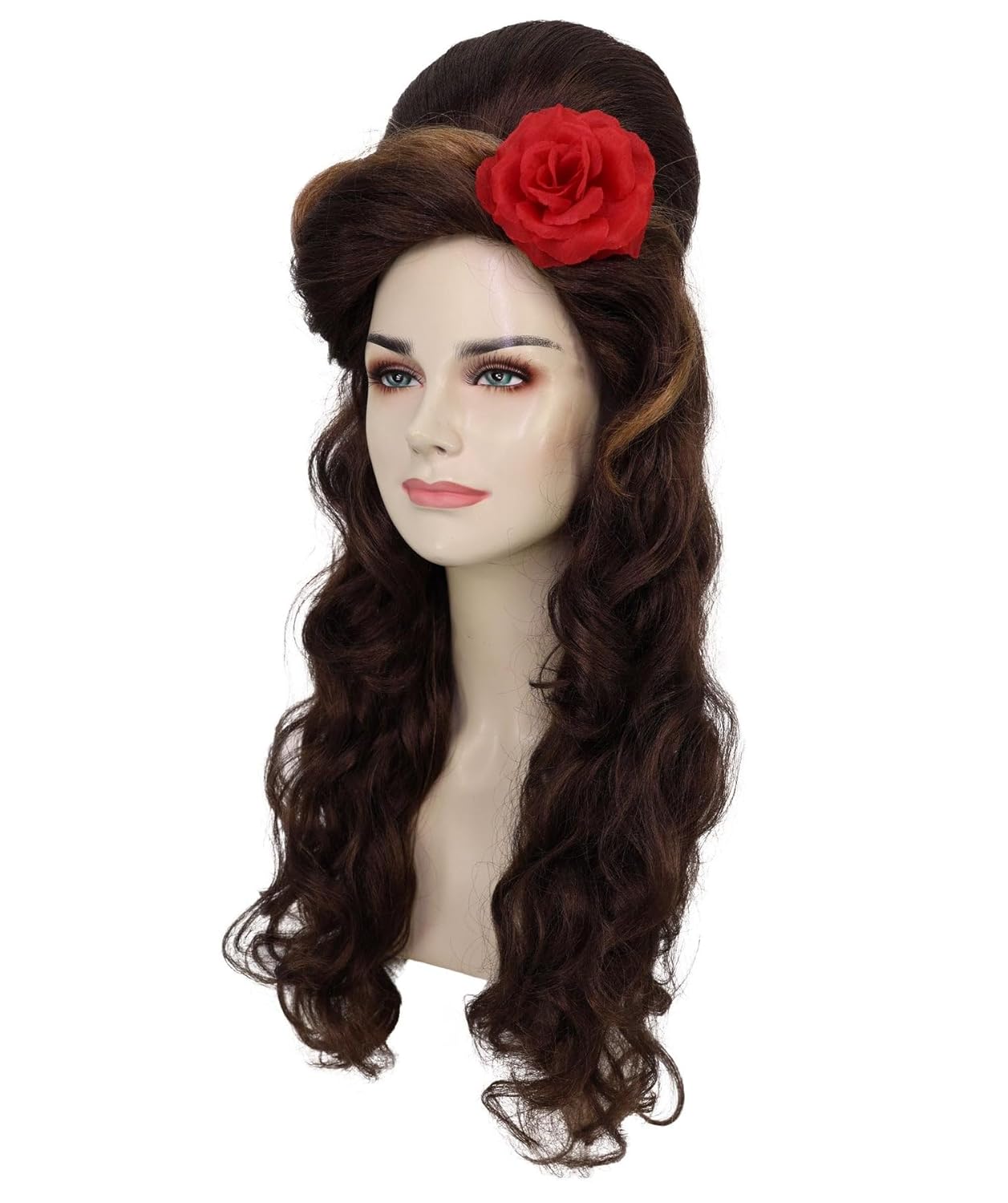 Women's Retro Brown Curly Wig with Red Flower 80s Vintage Glam Long Curly Synthetic Fiber Hairpiece for Halloween Costumes, Cosplay Parties & Themed Events