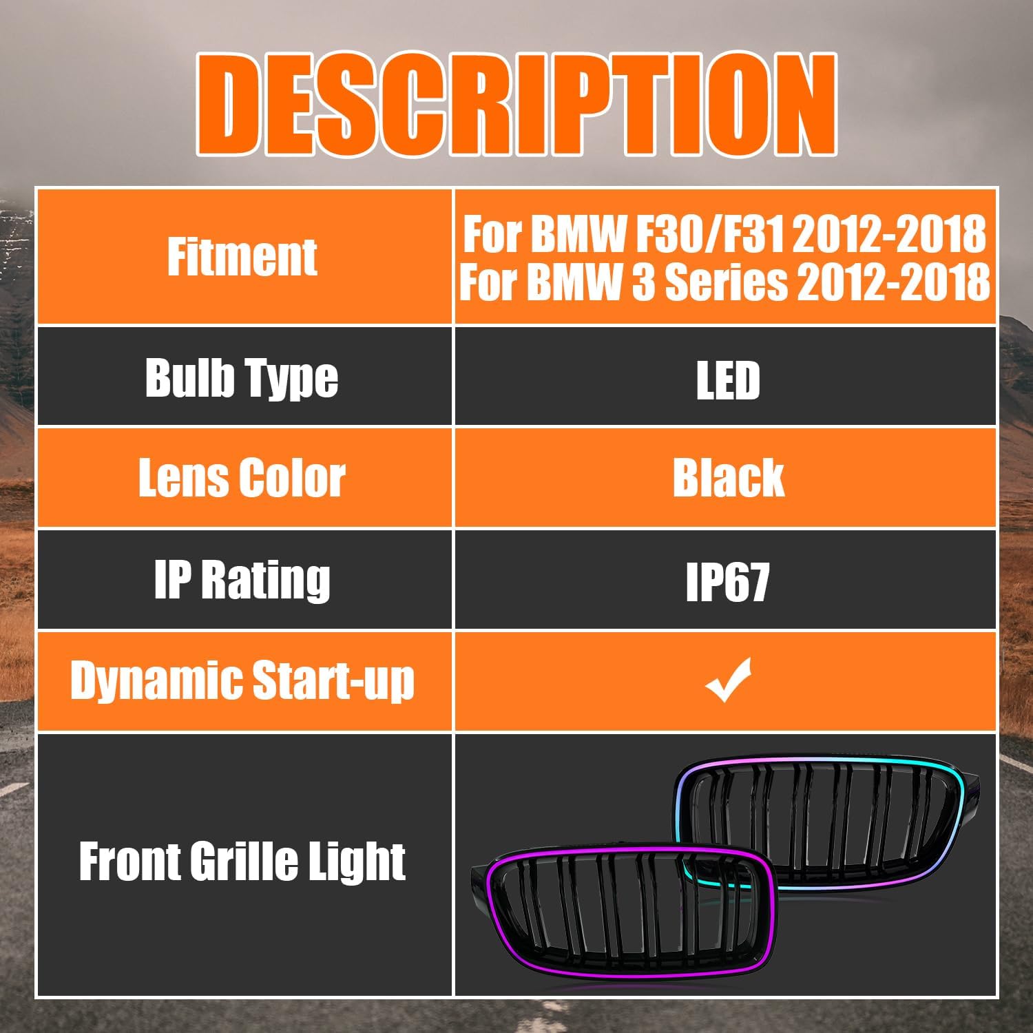 F30 Grill for 2012-2018 BMW F30 F31 320i 328i 328d 330e 330i 335i 340i 3-Series Grille Light Accessories with RGB DRL Light (RGB Front Grille Light)