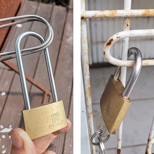 Miniatura 5 de RESET -291 Candado de latón pequeño con llave diferente, candado de latón pequeño de 1.181 in con grillete largo de acero inoxidable, 3 llaves,
