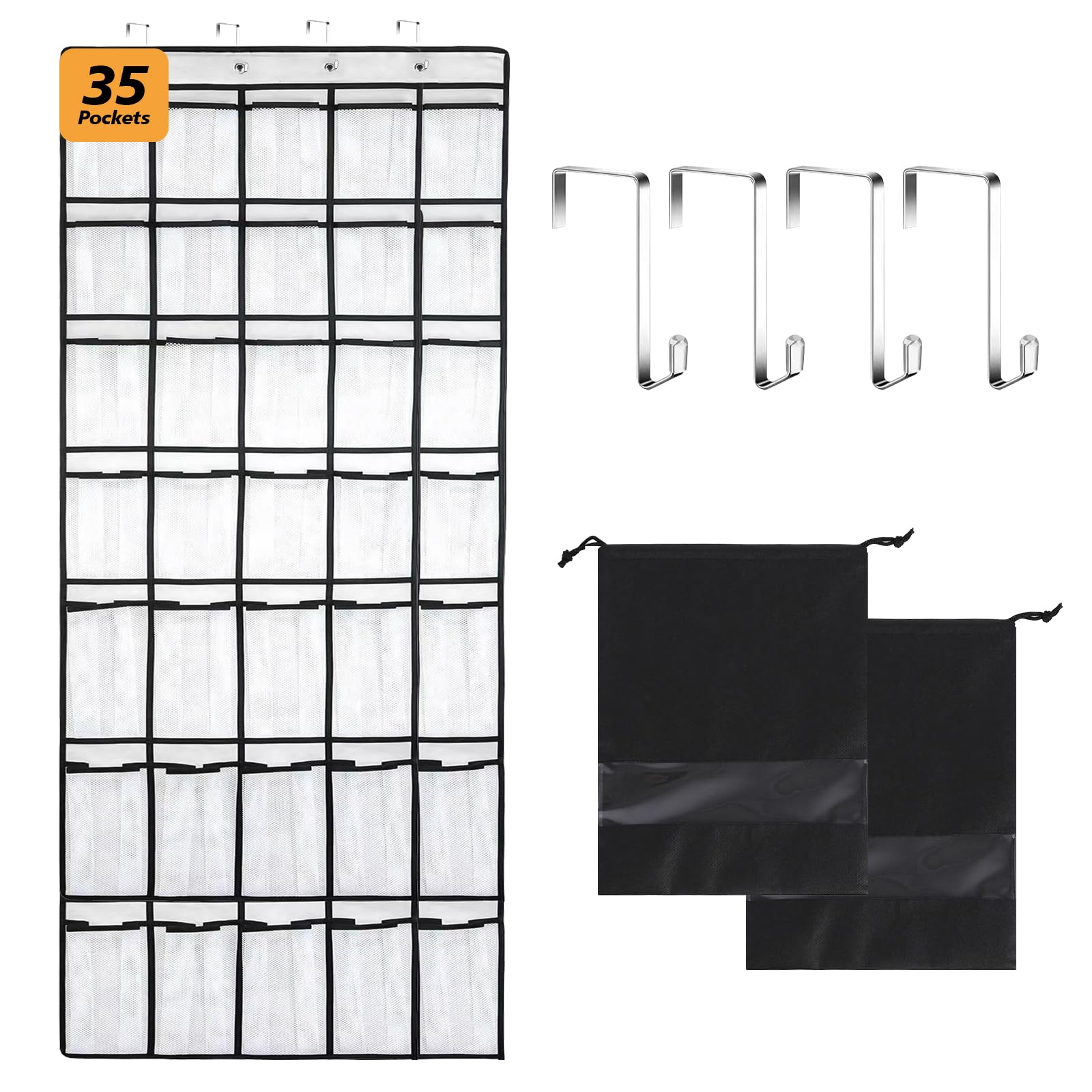 Gray Sturdy Fabric Hanging Shoe Organizer Over The Door 24 Large Mesh Pockets Closet Holder Hanger Storage With 4 Metal Hooks