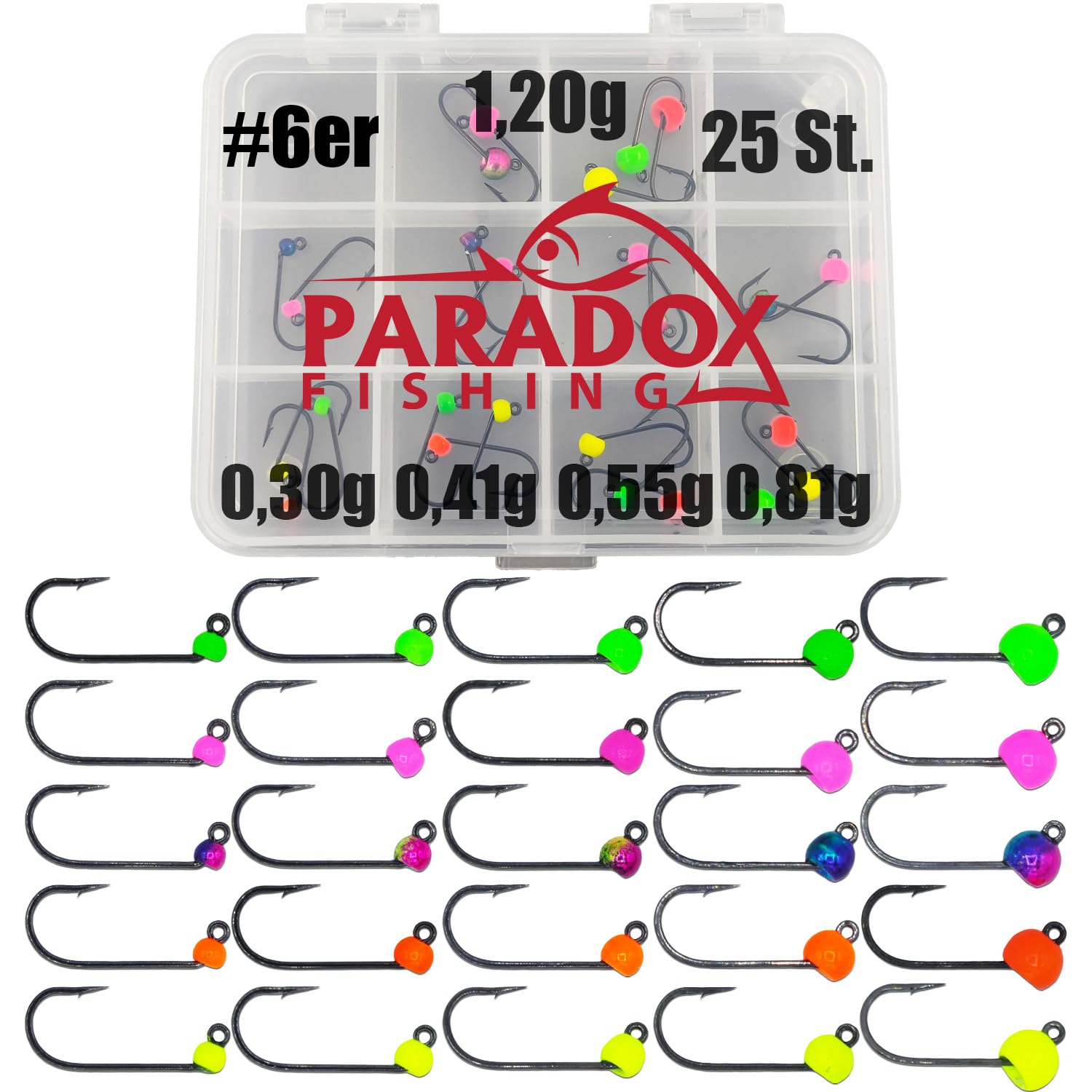 Paradox Fishing Zestaw haczyków jigowych z wolframu, 25 sztuk, 0,3 g - 1,2 g, po 5 sztuk #6, haczyki na pstrągi, gumowe przynęty, haczyki, spoons, przynęta na pstrągi
