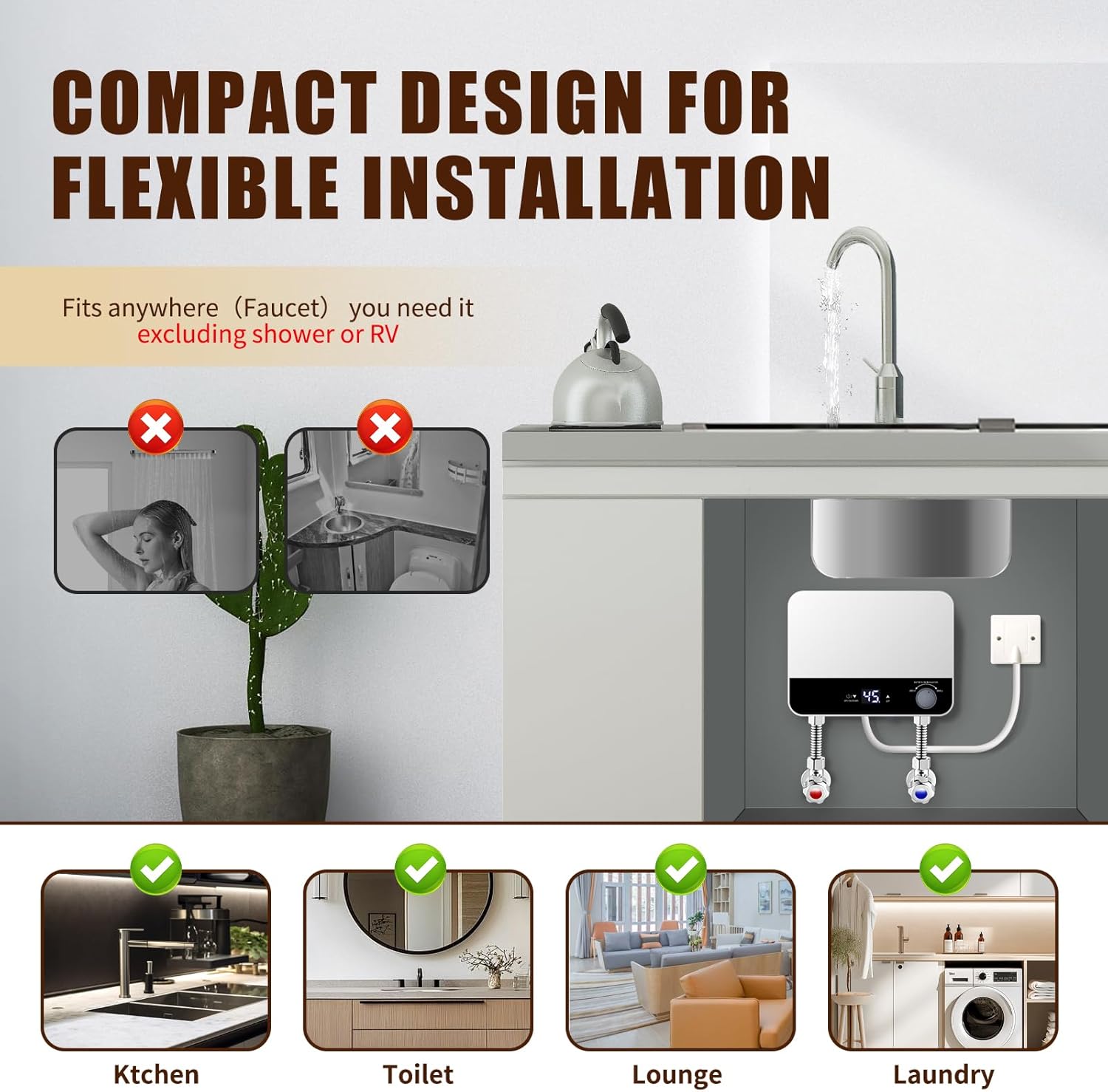Tankless Water Heater Electric 110v,3500W Instant Hot Water Heater With Automatic Control System Touch Digital Display， Constant Temperature Wall or Floor Mounted for Kitchen,Laundry Sink