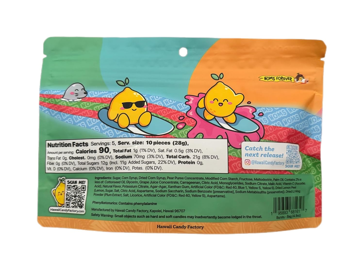 Noms Bursts Gummy Candy, Li Hing and Lemon Peel Flavor, 4.9 oz Resealable Bag