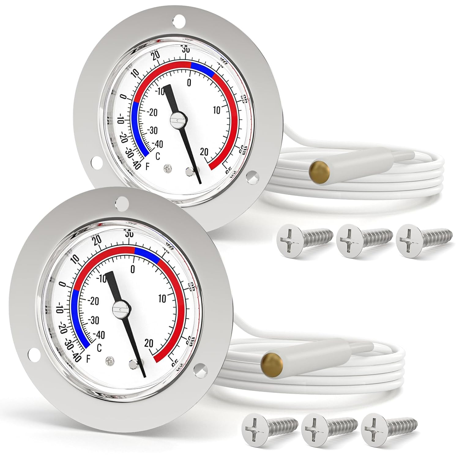 2PCS -40 to 65 ℉ / -40 to 20℃ Capillary Design Refrigeration Thermometer, Stainless Steel Flanged Panel Mount, 2" Dial Size, 48" Capillary Length, Cold Storage, Display Cabinet, Freezer