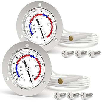 2PCS -40 to 65 F / -40 to 20C Capillary Design Refrigeration Thermometer, 2" Dial Size, 48" Capillary Length, Stainless Steel Flanged Panel Mount, Cold Storage, Display Cabinet, Freezer