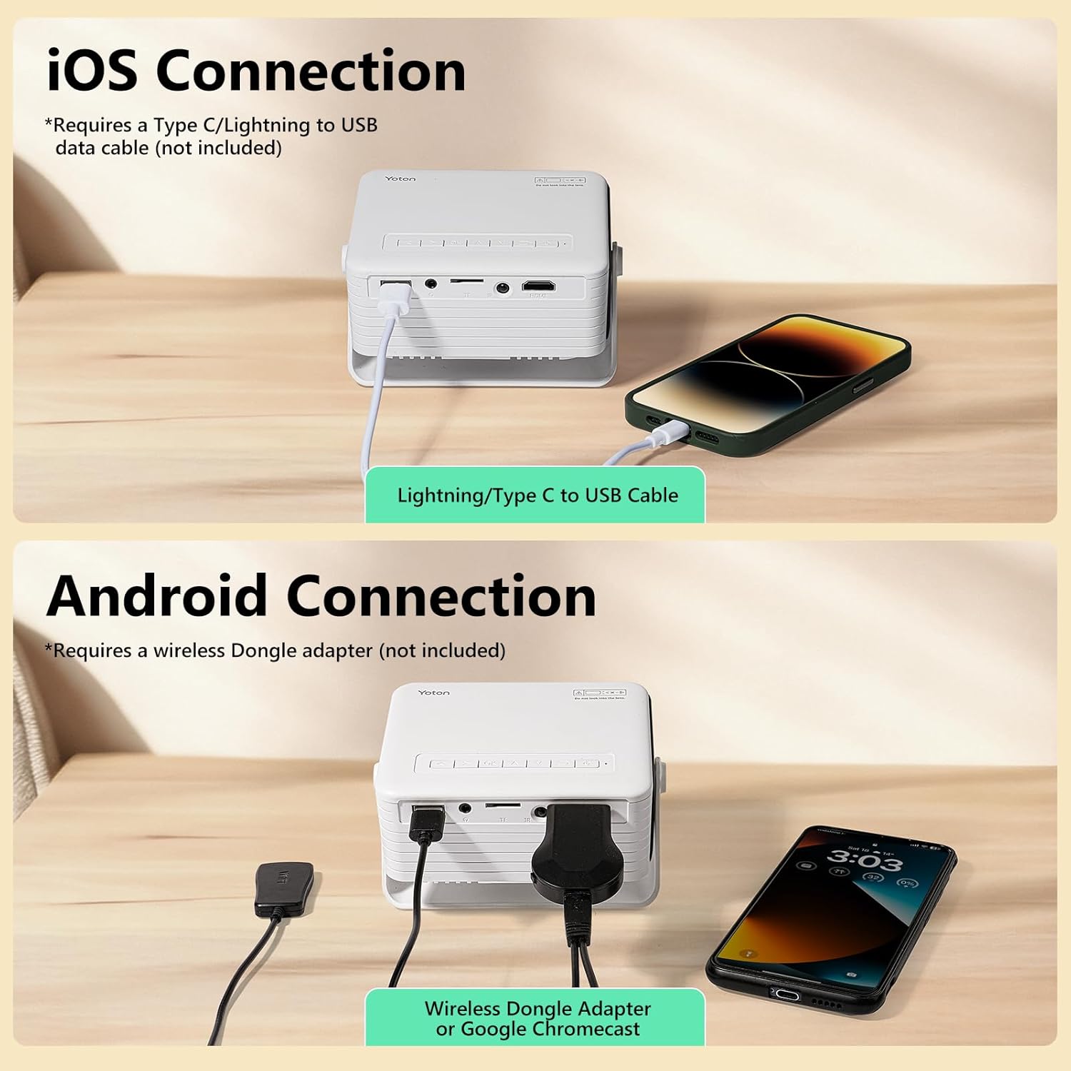 【360° Rotating & Auto Keystone】Yoton Y3 Mini Projector, 2026 Upgraded Portable Projector for Bedroom, 50% Zoom Small Movie Projector for phone, Compatible with iPhone/Android/TV Stick/HDMI/USB/TF Card