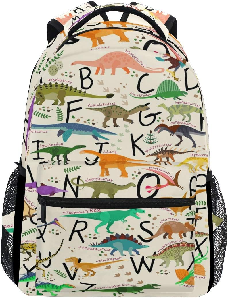 AUUXVAAlphabet Dinosaur Backpack for School Kids Girls Boys Education Letter Bookbag Laptop Backpack 14 Inch Travel Daypack Student Computer Bag for Women Teen Girls College Work