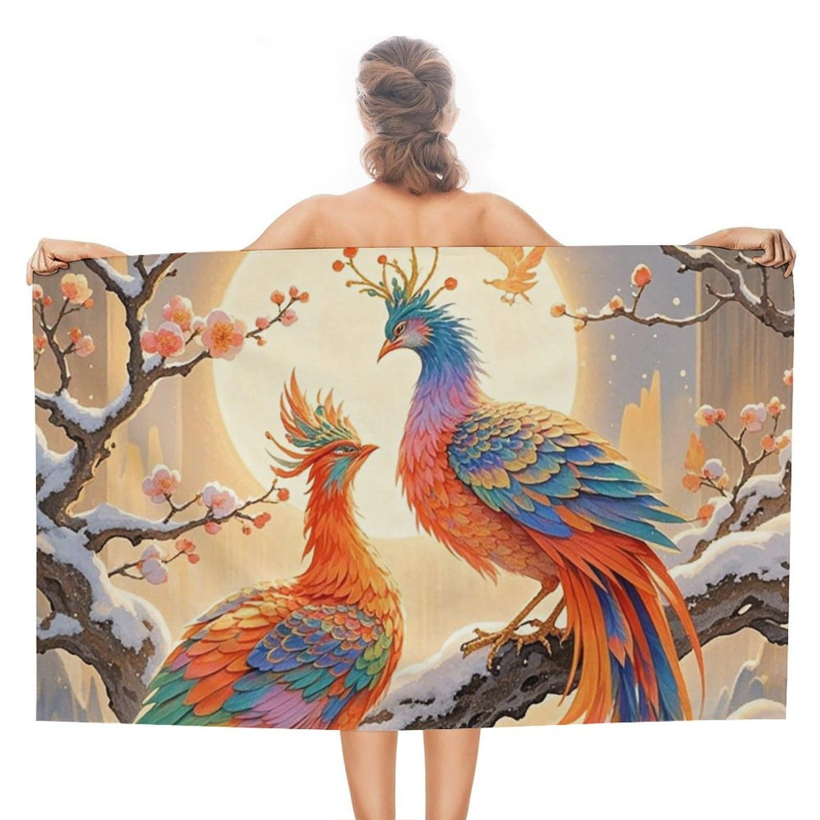 asbwuo Two Phoenixes in Winter Beach Towels Extra Large Quick Dry Absorbent