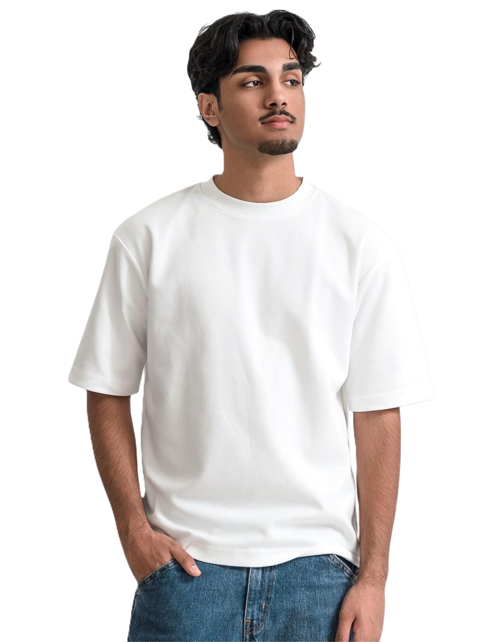 Men's 240 GSM Terry Cotton Plain Oversized T-Shirt | Drop Shoulder Boxy Fit | Half Sleeve | Black & White | Streetwear Casual Tee-picture-21