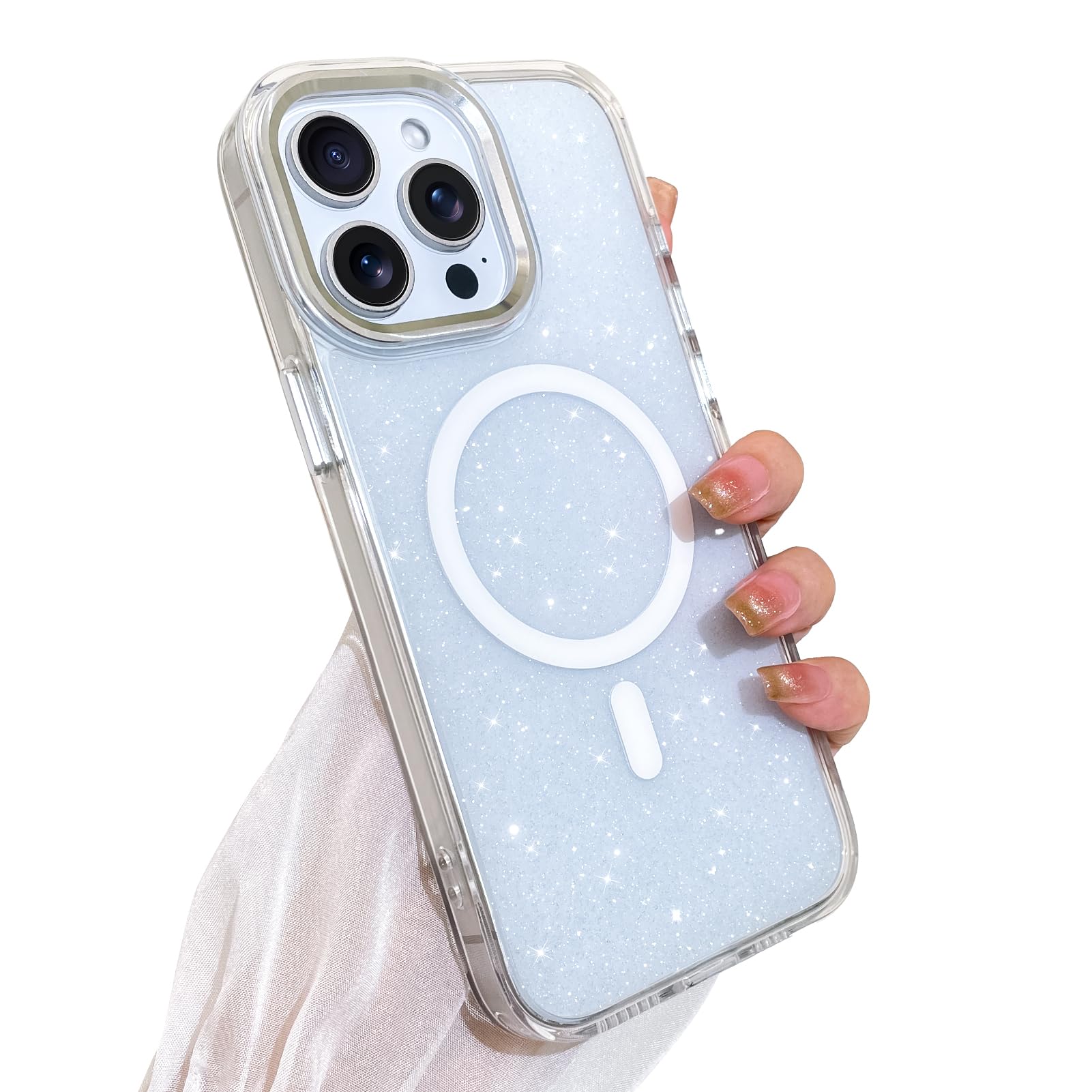 SAKUULO Funda magnética para iPhone 14 Pro MAX Compatible con Magsafe, Brillante con Cristal Iridiscente láser Brillante, a Prueba de Golpes, Funda Protectora para Mujeres y Hombres, Color Blanco