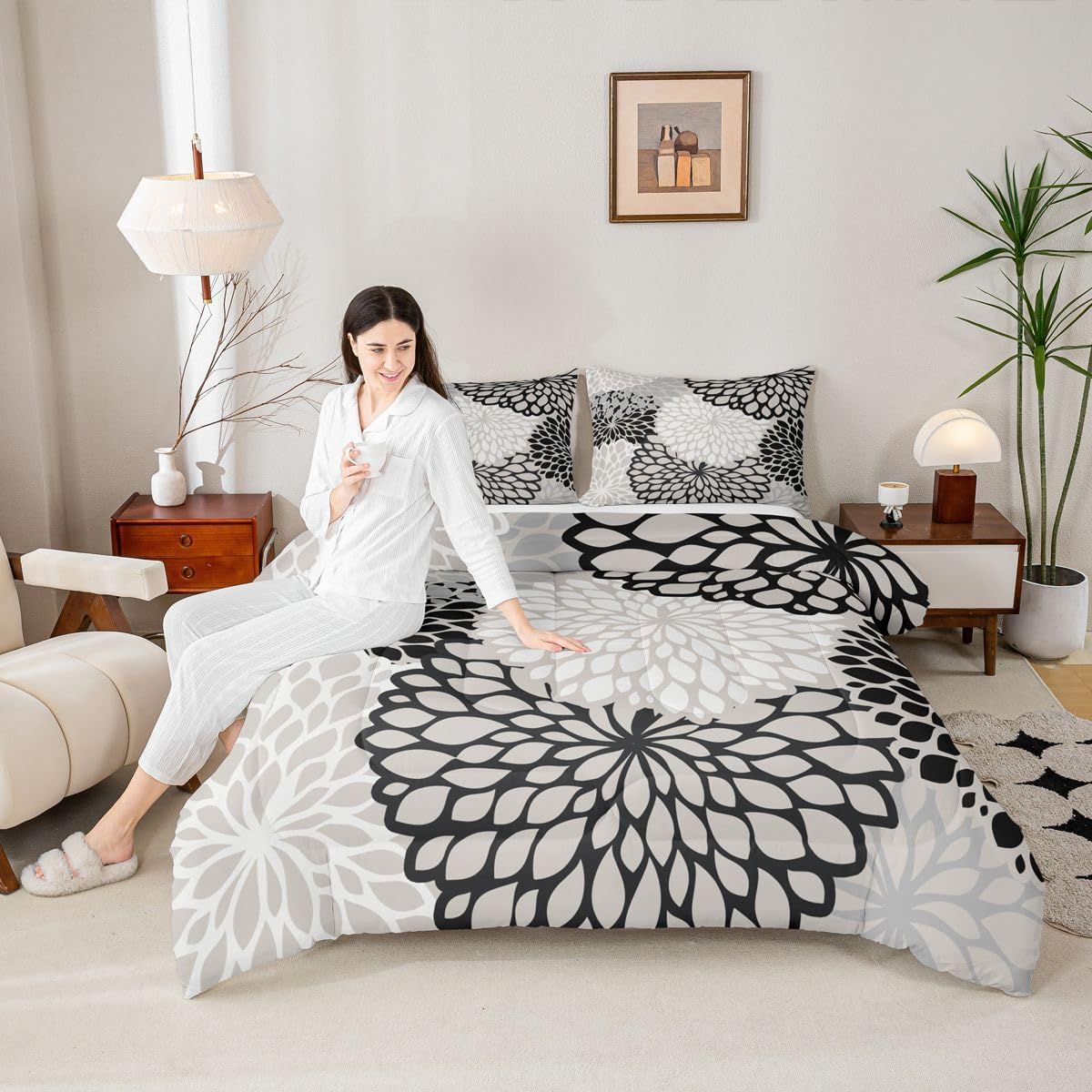 Erosebridal Aztec Dahlia Comforter Set for Adult Women Girls Floral Bedding Queen Size,Mexican National Flower Duvet Insert Modern Floral Design All Season Quilted Duvet Bedroom Decor, Black White