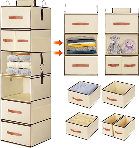 Miniatura 7 de Organizador colgante de armario con 6 estantes, estantes colgantes mejorados para armario con 5 cajones extraíbles y bolsillos laterales,