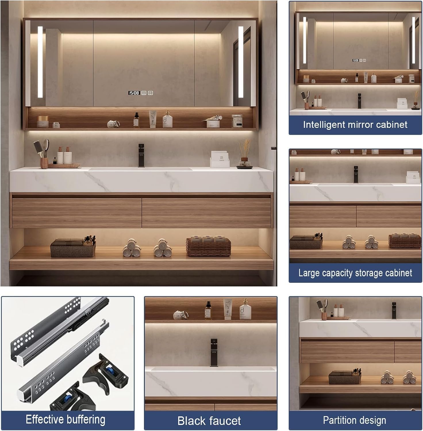 Wood Bathroom Vanity Set - LED Defogging Mirror | Wall Mounted Bathroom Vanity with Sink Include Open Storage & Mirror Cabinet Storage & 2 Drawers (26'')