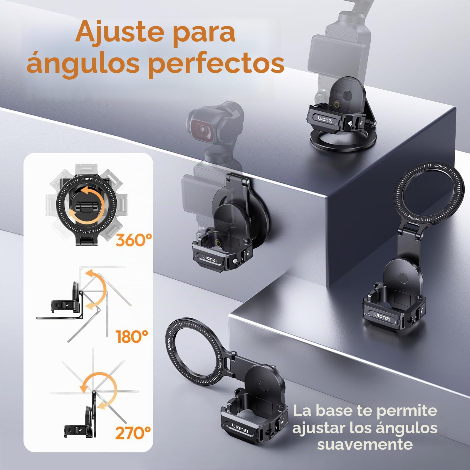 ULANZI PM01 Soporte de Extensión Magnético para dji OSMO Pocket 3/4/Xtra, Soporte de Cámara Extensible de Aluminio con Zapata fría y Montura de 1/4'', Adaptador de Expansión Ajustable 180/270/360°