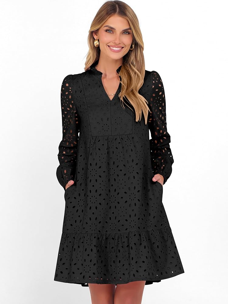 Caracilia Womens Dresses Long Sleeve V Neck Eyelet Hollow Out Fall Casual  Flowy Swing Boho Tiered 2026 Mini Short Dress Black Small at Amazon Women's  Clothing store