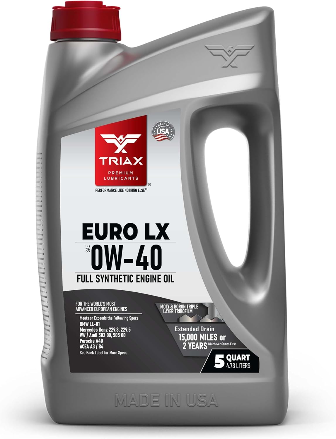 Triax Euro LX 0W-40 Full Synthetic, 20K Miles, Extreme Performance OEM Grade, Compatible with A3/B4, VW502.00, BMW LL-01, 229.5, Porsche A30 (5 Quart)