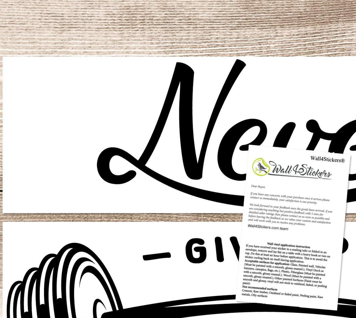 Adesivo da parete con bilanciere, motivo "Never Give up" per casa, palestra, fitness, motivazionale, allenamento, peso, appeso, ispirazione, esercizio, rimovibile, dicendo,vinile decorazione