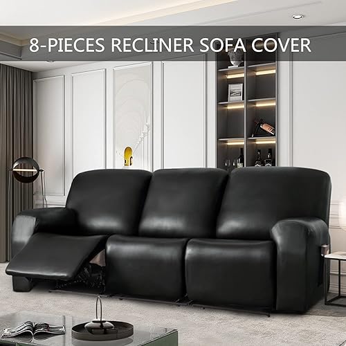 Miniatura 8 de MLMHLMR Juego de fundas para sofá reclinable de cuero sintético y de 8 piezas, funda elástica dividida para sofá reclinable de 3 plazas (color negro)