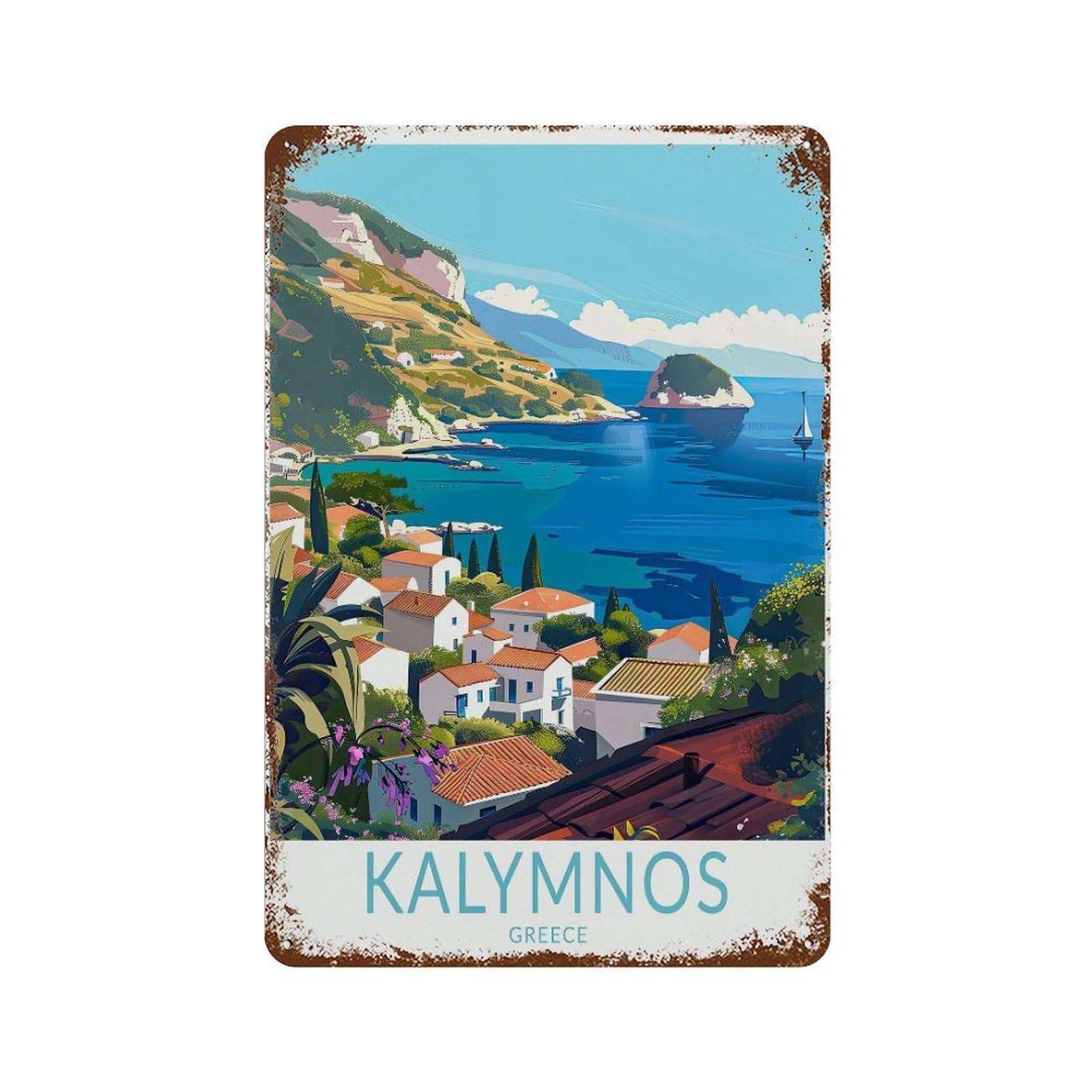 xiaoxiaoshen Kalymnos Travel Greece Coast City Honeymoon Present Wall Decor Art Metal Tin Poster Modern Home Decor Art Home Bar Shop Decorations Vintage Sign 30x20cm