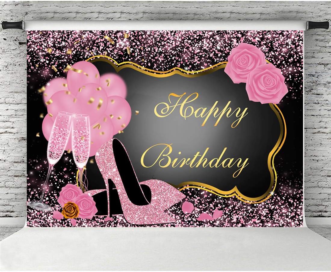 Limited Sweet Pink Happy Birthday Backdrop Rose Shiny Sequin High Heels Champagne Golden Frame Party Photography Background Happy 30th 40th 50th 60th Birthday Decorations for Adults Women Photo Booth Props