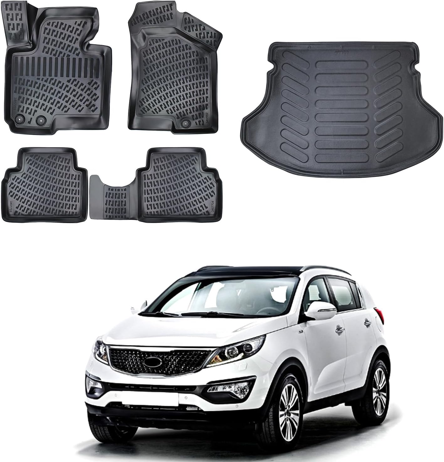Floor Mats & Cargo Liner Set for Kia Sportage 2011-2016 | Black TPE All Weather Custom Fit Floor Liner for 1st 2nd Rows and Trunk Car Mats