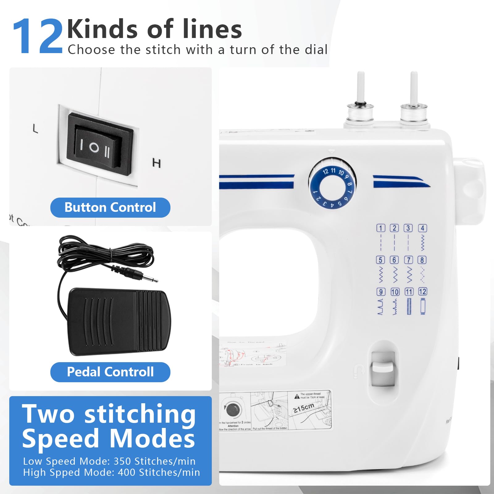 Nähmaschine, Mini-Nähmaschine, tragbare elektrische Nähmaschine für Anfänger, 12 integrierte Stiche, zwei Geschwindigkeiten, mit Fußpedal und