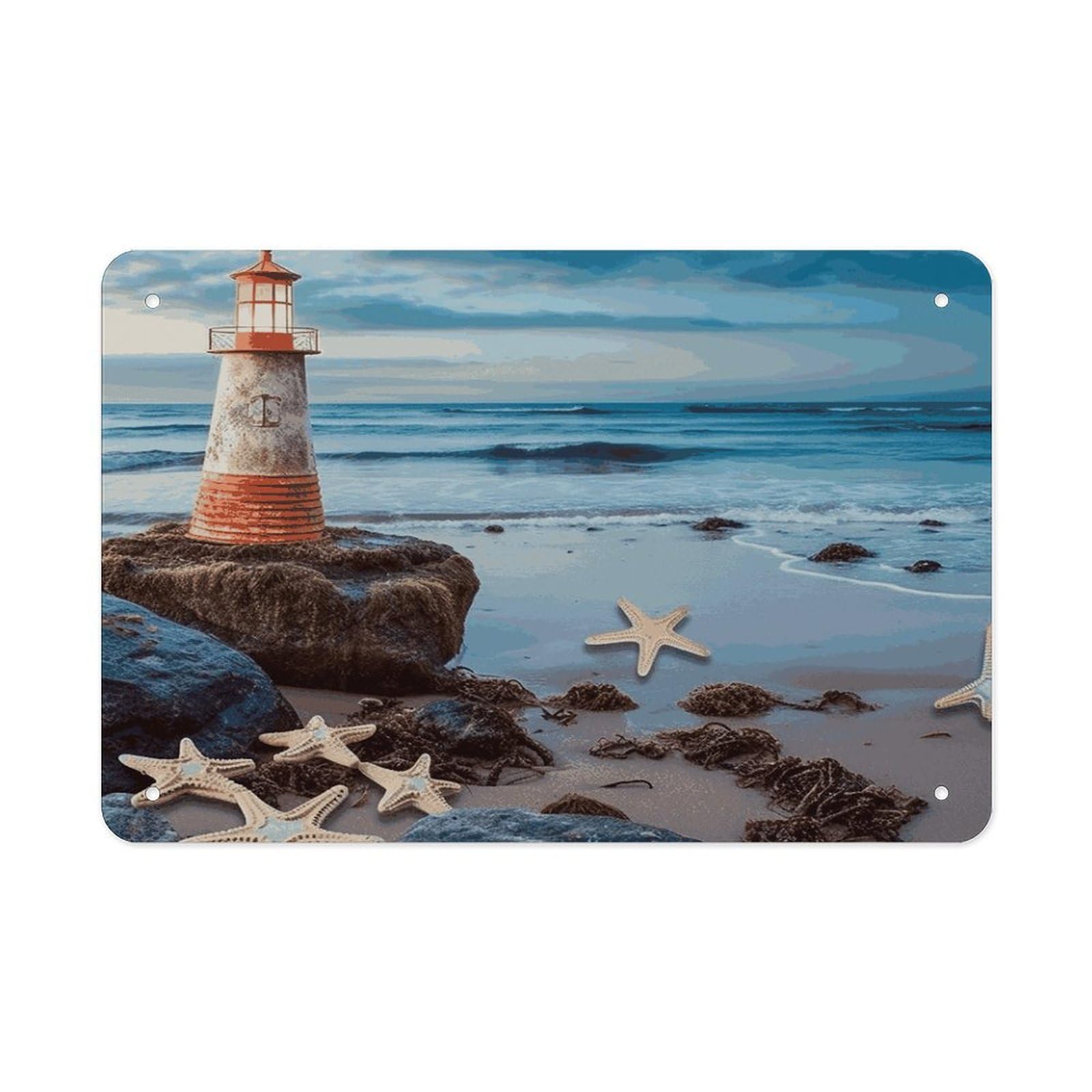 LDGSUPH Starfish Lighthouse Beach Metal Tin Sign Wall Art Prints Folded Edge Iron Sheet Painting with Holes for Wall Prints Decorative Picture Metal Signboard Decor Painting Wall Decor