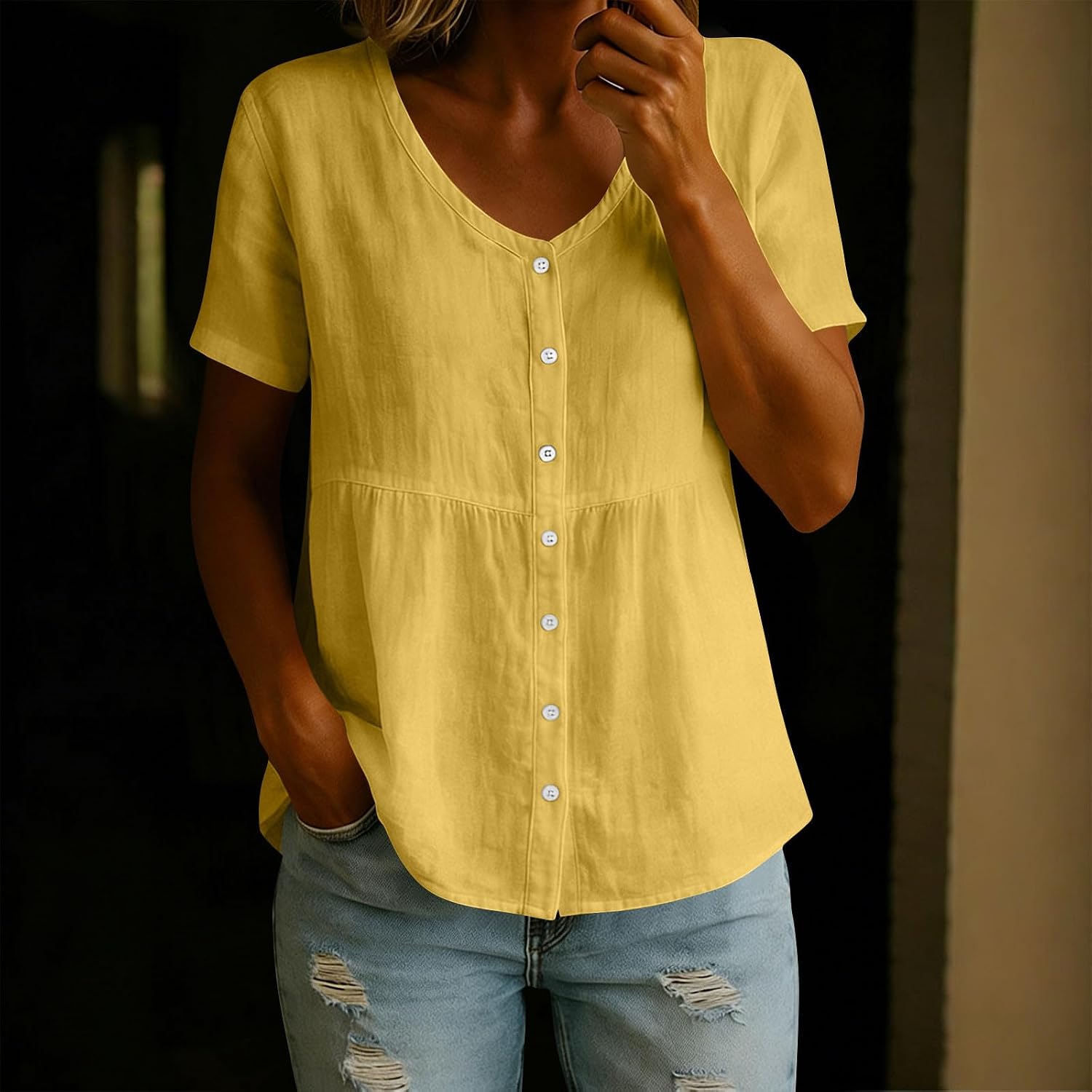 Short Sleeve Blouse for Women Button Down Solid Color Classic Baggy Comfy Loose T Shirts Quick Dry Linen Tops