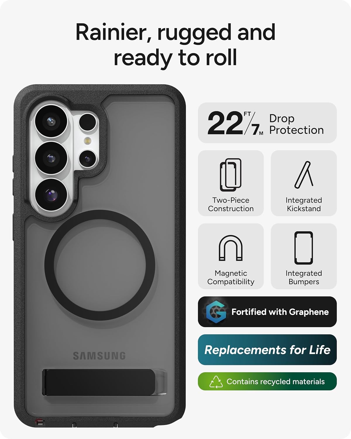 ZAGG Rainier Snap Samsung Galaxy S26 Ultra Case with Kickstand - Smoke Black, 22ft Drop Protection, Rugged Dual-Layer Magnetic Case, Graphene Fortified Heavy Duty Shockproof, Military Grade Defense