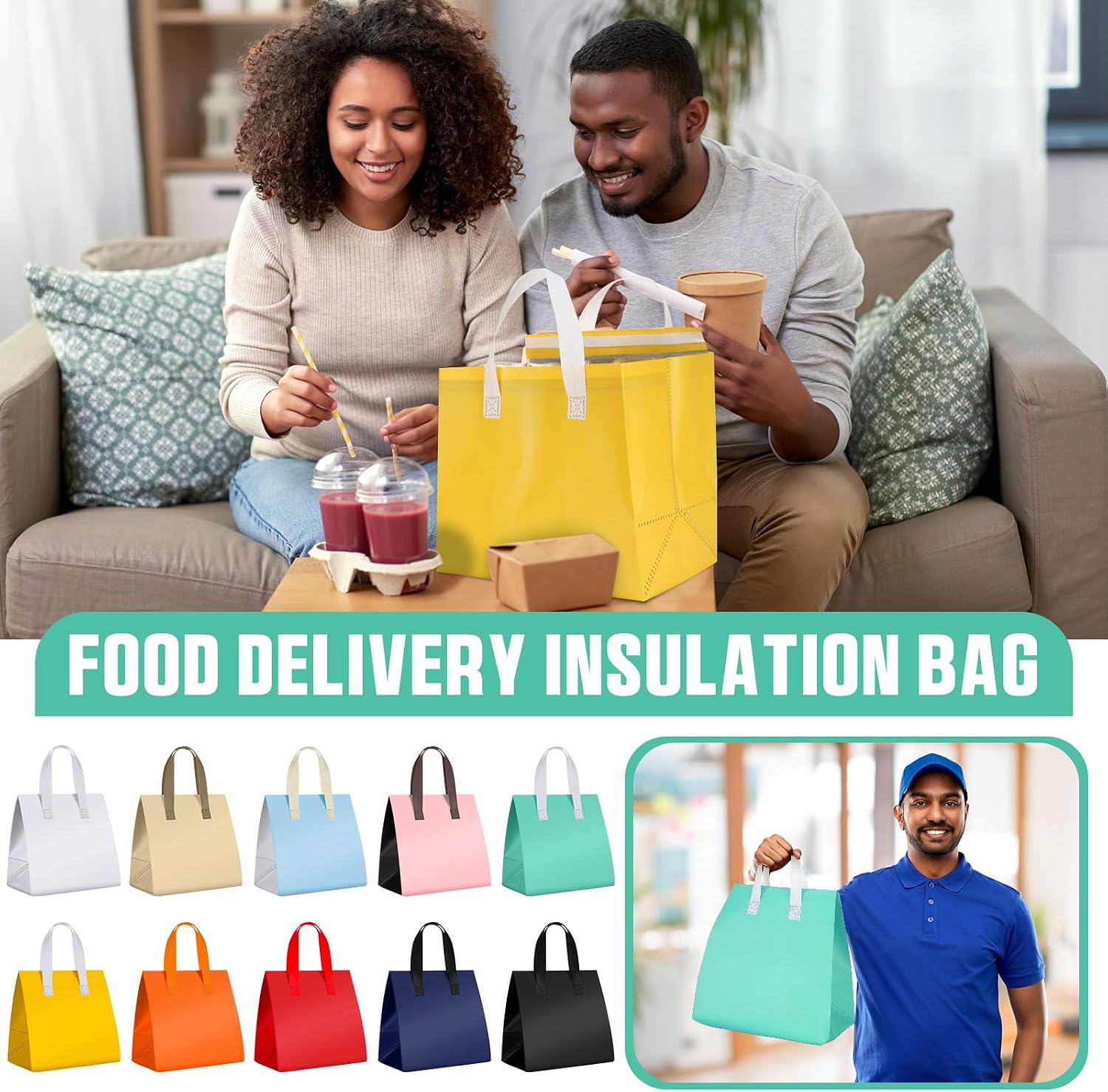 Kacctyen 50 Pcs Insulated Take Away Bags Bulk Thermal Insulation Food for Coffee Milk Tea Pizza Hot Cold Food Delivery Cooler Bag for Catering Restaurant Grocery Picnic, 9.5" x 9.5" x 6"(Multicolor)