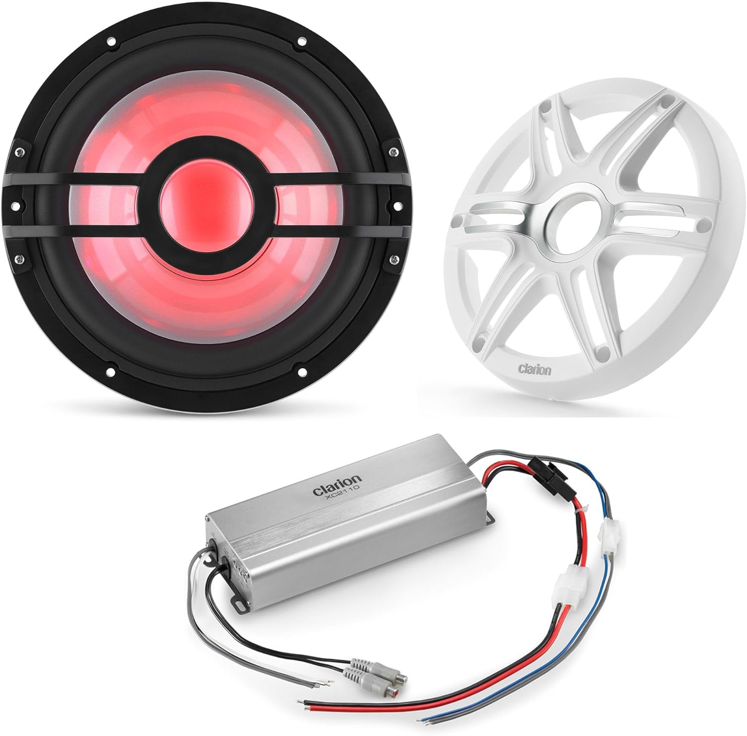 Clarion Marine Bass Bundle - CMSP-101RGB-2 10" RGB LED subwoofer Includes White Grill, Marine XC2110 Amplifier
